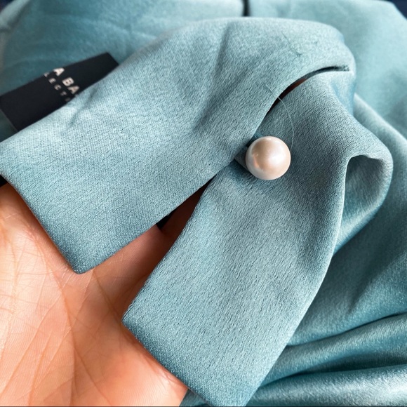 🎄 ZARA SAGE PADDED SHOULDER PEARL RUFFLE DETAIL LOOSE MINI DRESS! - Picture 9 of 16